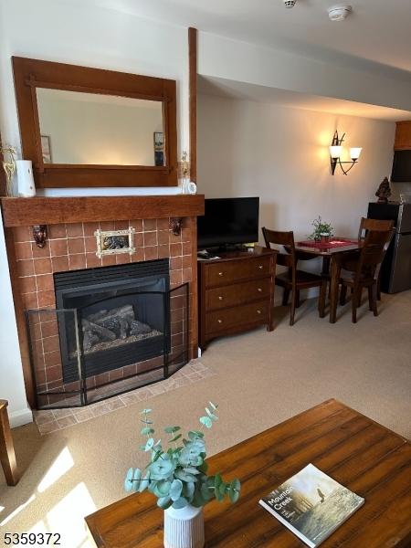 200 State Rt 94 Unit 259, Vernon Twp, NJ 07462 - living room featuring a tiled fireplace and light colored carpet