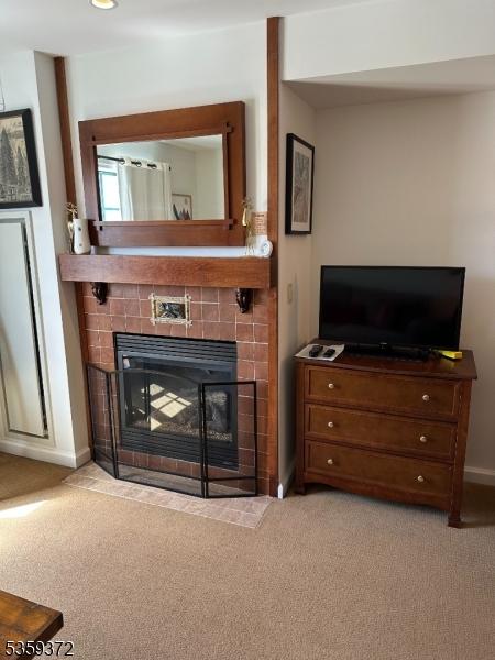 200 State Rt 94 Unit 259, Vernon Twp, NJ 07462 - living room featuring a fireplace, carpet, and baseboards