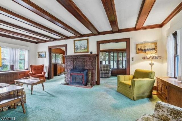 129 Severin Ct, Cranford Twp, NJ 07016 - carpeted living area featuring beamed ceiling and a fireplace