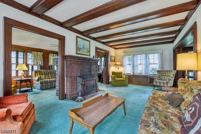 129 Severin Ct, Cranford Twp, NJ 07016 - living room featuring carpet floors, beamed ceiling, and a fireplace