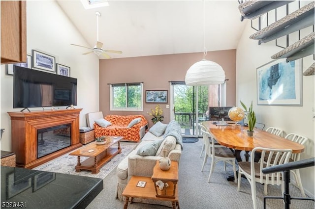 2 Sunrise Dr Unit 6, Vernon Twp, NJ 07462 - carpeted living room with high vaulted ceiling and a ceiling fan