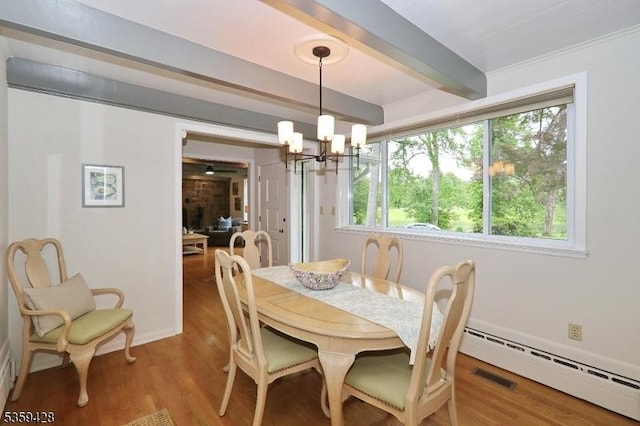 103 County Park Dr, Cranford Twp, NJ 07016 - dining area featuring a baseboard heating unit, wood finished floors, beam ceiling, plenty of natural light, and a chandelier