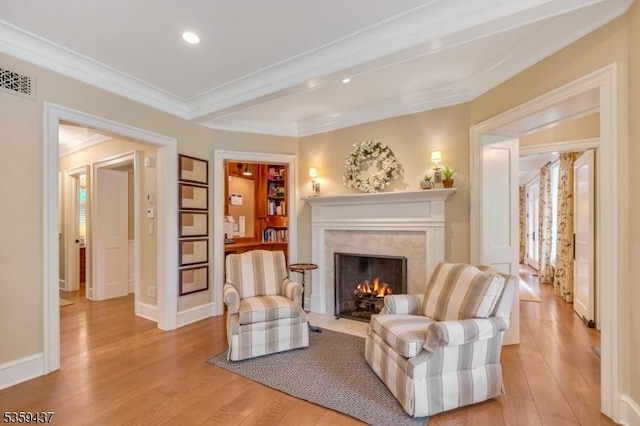 259 Indian Trail Dr, Franklin Lakes Boro, NJ 07417 - living area featuring a high end fireplace, light wood-style floors, crown molding, recessed lighting, and baseboards