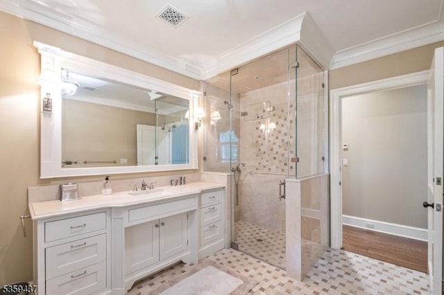 259 Indian Trail Dr, Franklin Lakes Boro, NJ 07417 - bathroom featuring ornamental molding, vanity, and a stall shower