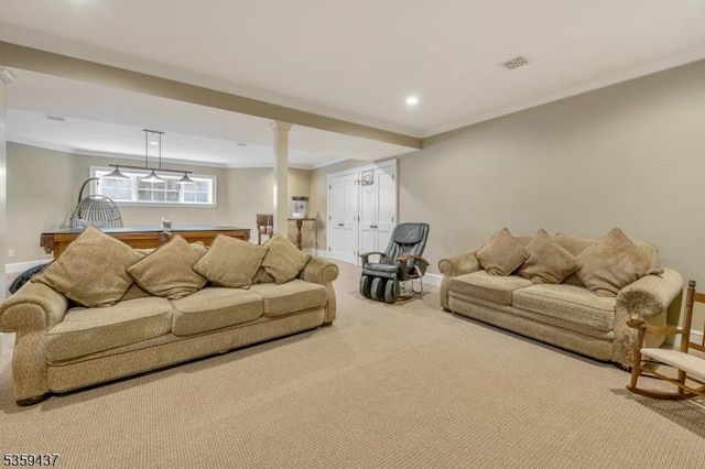 259 Indian Trail Dr, Franklin Lakes Boro, NJ 07417 - carpeted living area with crown molding, baseboards, and recessed lighting