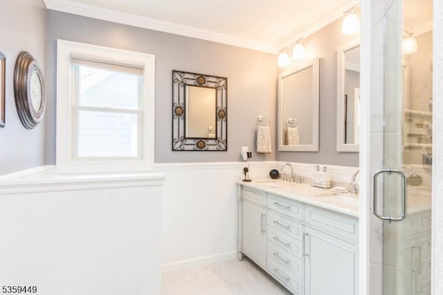 947 Madison Ave, Plainfield City, NJ 07060 - full bath with double vanity, crown molding, a shower stall, and wainscoting