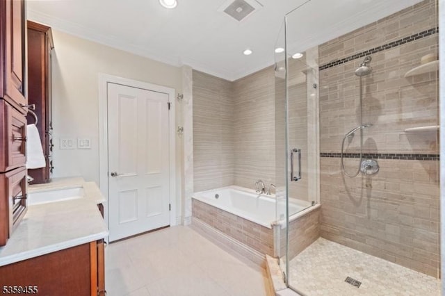 296 Highfield Ln, Nutley Twp, NJ 07110 - bathroom featuring a stall shower, vanity, a bath, recessed lighting, and ornamental molding