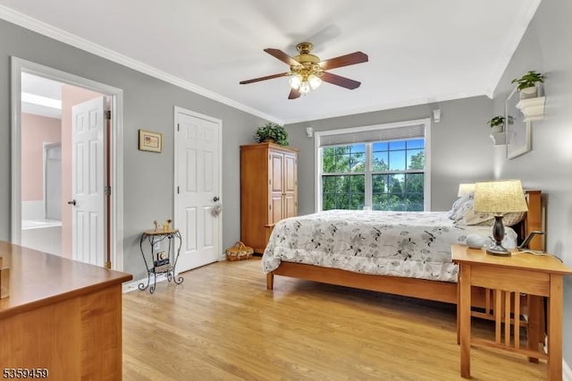 5 Ten Broek Ct, Bridgewater Twp, NJ 08807 - bedroom with light wood finished floors, crown molding, and a ceiling fan