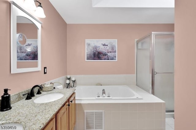 5 Ten Broek Ct, Bridgewater Twp, NJ 08807 - full bathroom with a shower stall, a garden tub, double vanity, and tile patterned floors