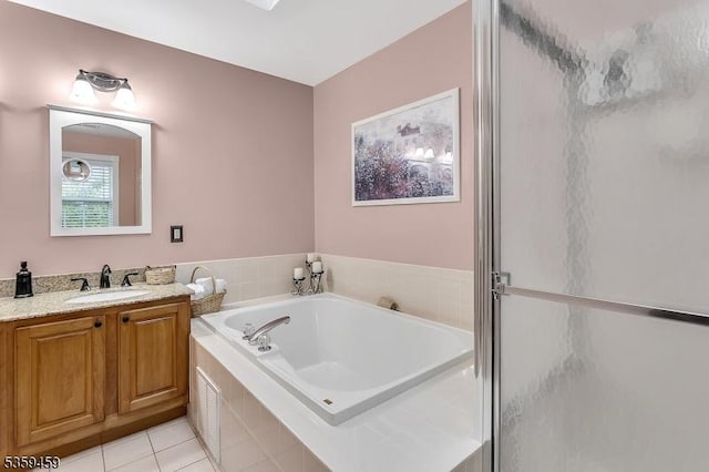 5 Ten Broek Ct, Bridgewater Twp, NJ 08807 - bathroom with vanity, a garden tub, tile patterned flooring, and a stall shower