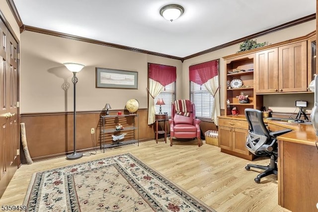 5 Ten Broek Ct, Bridgewater Twp, NJ 08807 - office space featuring ornamental molding, light wood-type flooring, and a wainscoted wall