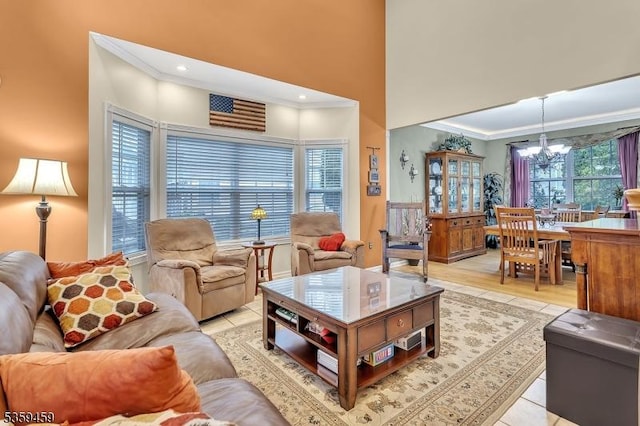 5 Ten Broek Ct, Bridgewater Twp, NJ 08807 - living room with a chandelier, crown molding, light tile patterned floors, a towering ceiling, and recessed lighting