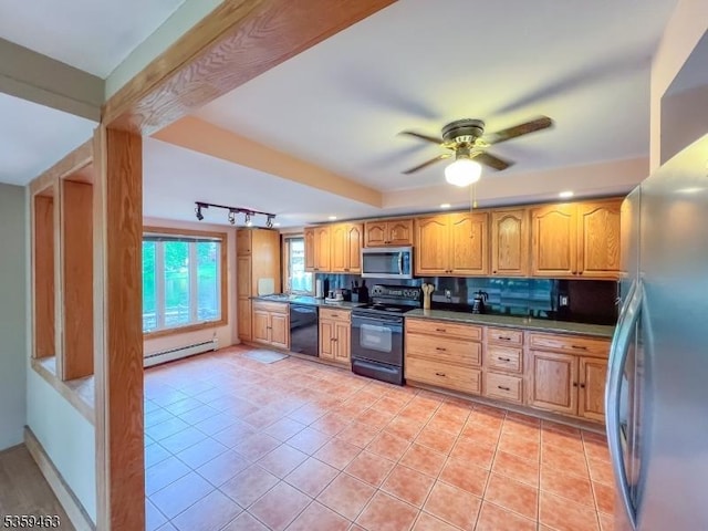 5461 Berkshire Valley Rd, Jefferson Twp, NJ 07438 - kitchen with black appliances, a baseboard heating unit, light tile patterned floors, ceiling fan, and tasteful backsplash