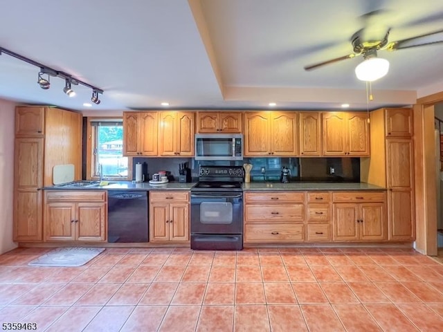 5461 Berkshire Valley Rd, Jefferson Twp, NJ 07438 - kitchen featuring black appliances, a ceiling fan, light tile patterned floors, brown cabinets, and recessed lighting