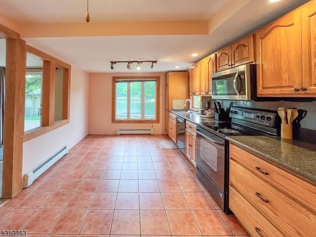 5461 Berkshire Valley Rd, Jefferson Twp, NJ 07438 - kitchen with black range with electric stovetop, a baseboard radiator, stainless steel microwave, dishwasher, and recessed lighting