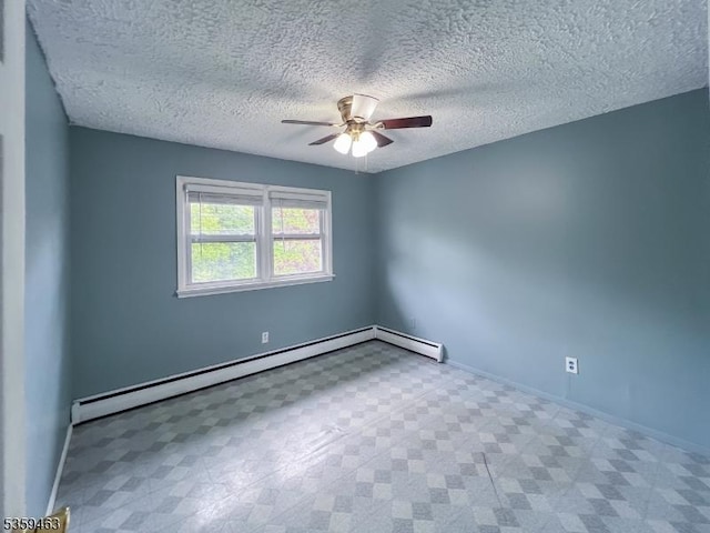 5461 Berkshire Valley Rd, Jefferson Twp, NJ 07438 - unfurnished room featuring ceiling fan, a baseboard heating unit, tile patterned floors, baseboards, and a textured ceiling