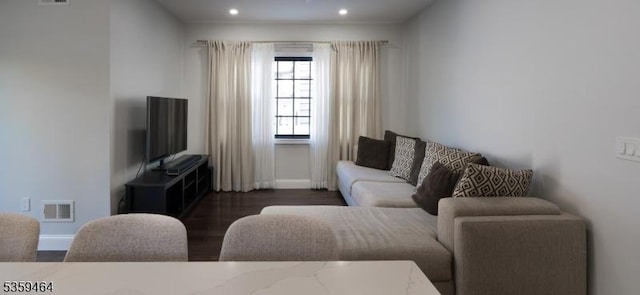 228 78th St, North Bergen Twp, NJ 07047 - living room featuring wood finished floors, baseboards, and recessed lighting