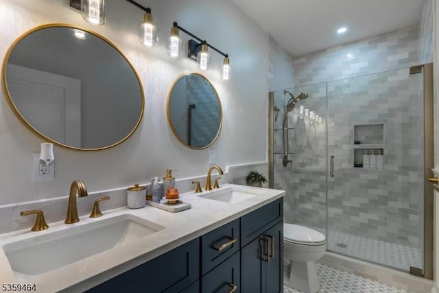 228 78th St, North Bergen Twp, NJ 07047 - bathroom featuring double vanity, a shower stall, toilet, recessed lighting, and tile patterned floors