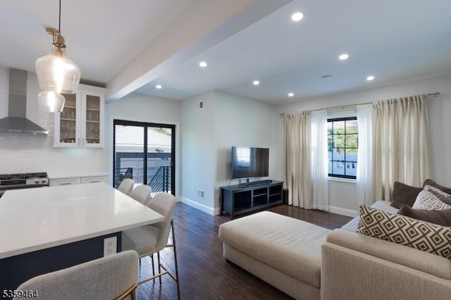 228 78th St, North Bergen Twp, NJ 07047 - living room with baseboards, dark wood-style floors, and recessed lighting