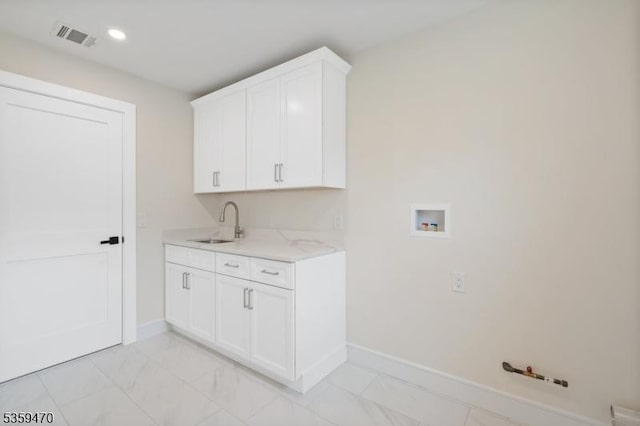 1 Willow Pl, East Hanover Twp, NJ 07936 - laundry room featuring washer hookup, baseboards, light marble finish flooring, cabinet space, and recessed lighting