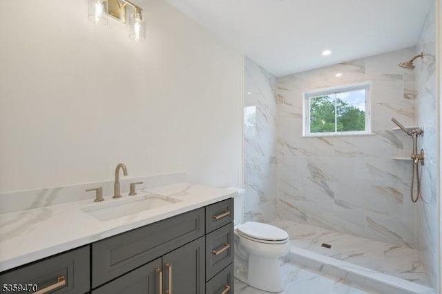 1 Willow Pl, East Hanover Twp, NJ 07936 - full bathroom featuring marble finish flooring, toilet, vanity, a marble finish shower, and recessed lighting