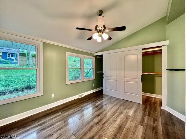 90 Georgia Ave, Jefferson Twp, NJ 07849 - unfurnished bedroom featuring lofted ceiling, wood finished floors, a closet, baseboards, and a ceiling fan