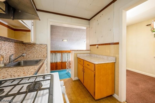 777 W Scott Ave, Rahway City, NJ 07065 - kitchen with a sink, light countertops, stove, range hood, and ornamental molding