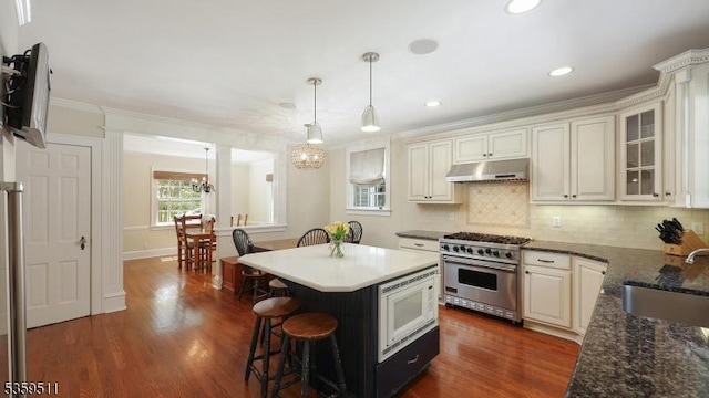 265 S Scotch Plains Ave, Westfield Town, NJ 07090 - kitchen featuring high end stove, under cabinet range hood, a sink, white microwave, and a breakfast bar