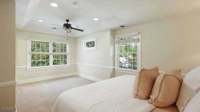 265 S Scotch Plains Ave, Westfield Town, NJ 07090 - bedroom with a raised ceiling, light colored carpet, baseboards, recessed lighting, and ceiling fan