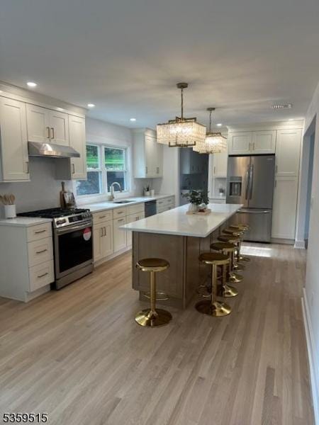 17 Misty Mountain Rd, Randolph Twp, NJ 07869 - kitchen featuring appliances with stainless steel finishes, under cabinet range hood, a sink, a kitchen breakfast bar, and light wood-style flooring
