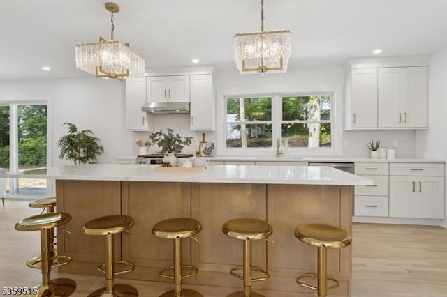 17 Misty Mountain Rd, Randolph Twp, NJ 07869 - kitchen featuring a chandelier, under cabinet range hood, light countertops, a sink, and recessed lighting