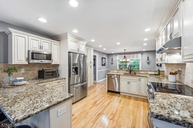 2406 Jamestown Cmn, Hillsborough Twp, NJ 08844 - kitchen featuring stainless steel appliances, a peninsula, ventilation hood, a sink, and light wood finished floors