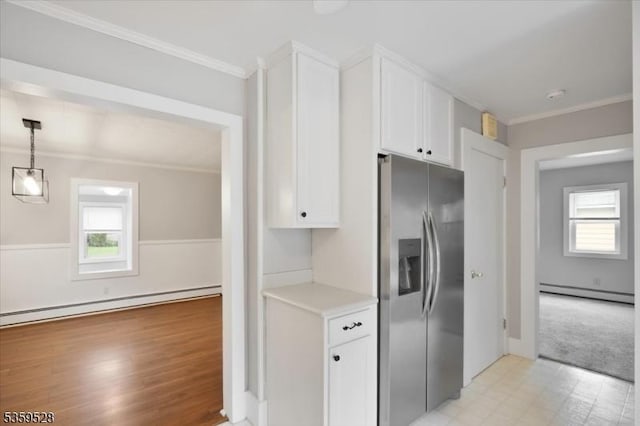 19 Spring St, Ogdensburg Boro, NJ 07439 - kitchen featuring stainless steel fridge, a baseboard radiator, white cabinets, light floors, and ornamental molding