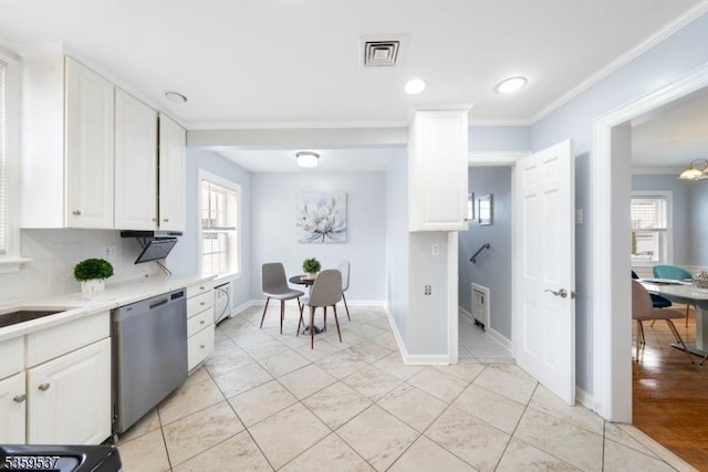 1082 Battle Hill Ter, Union Twp, NJ 07083 - kitchen featuring dishwasher, crown molding, white cabinets, light countertops, and recessed lighting
