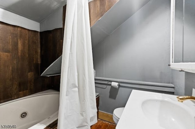 27 Wertsville Rd, East Amwell Twp, NJ 08551 - full bathroom with a sink, toilet, wood finished floors, and a combined bath / shower with jetted tub