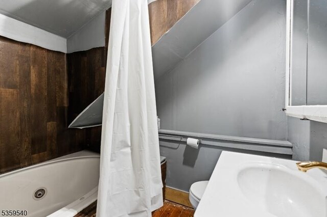 27 Wertsville Rd, East Amwell Twp, NJ 08551 - full bathroom with a sink, toilet, wood finished floors, and a combined bath / shower with jetted tub