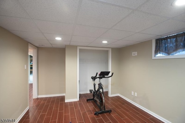 3 Cumberland Rd, Hillsborough Twp, NJ 08844 - workout room featuring dark wood-type flooring, baseboards, recessed lighting, and a paneled ceiling