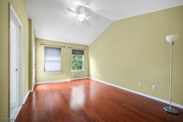 256 Marcia Way, Bridgewater Twp, NJ 08807 - spare room featuring a ceiling fan, lofted ceiling, wood finished floors, and baseboards