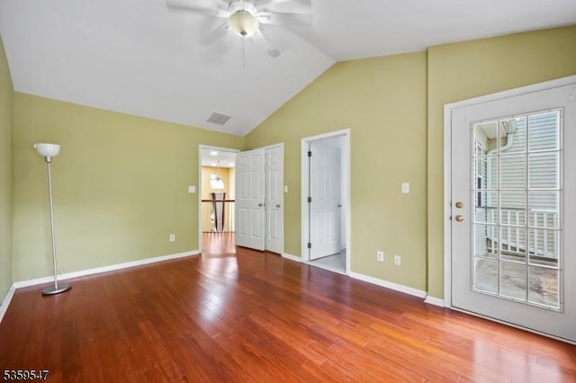 256 Marcia Way, Bridgewater Twp, NJ 08807 - unfurnished bedroom featuring wood finished floors, lofted ceiling, baseboards, and a ceiling fan