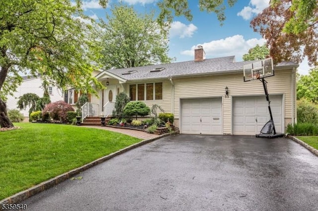 55 Nomahegan Ct, Cranford Twp, NJ 07016 - single story home with driveway, a garage, a front yard, and a chimney