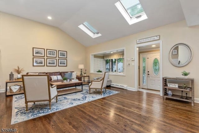55 Nomahegan Ct, Cranford Twp, NJ 07016 - living area with a skylight, baseboard heating, vaulted ceiling, wood finished floors, and baseboards