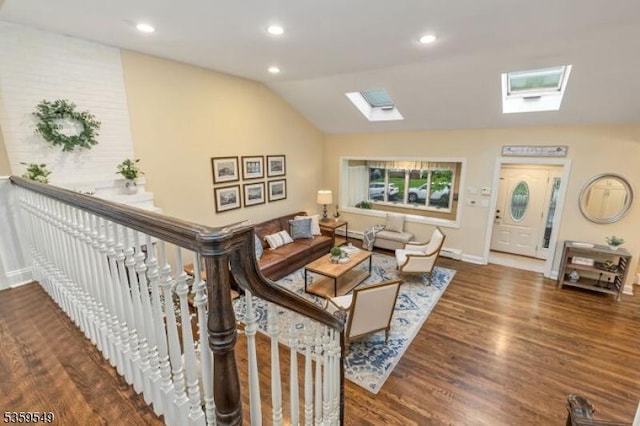 55 Nomahegan Ct, Cranford Twp, NJ 07016 - living area featuring a skylight, wood finished floors, vaulted ceiling, baseboards, and recessed lighting