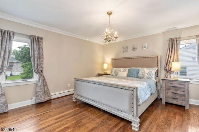 55 Nomahegan Ct, Cranford Twp, NJ 07016 - bedroom featuring baseboards, a chandelier, wood finished floors, baseboard heating, and crown molding