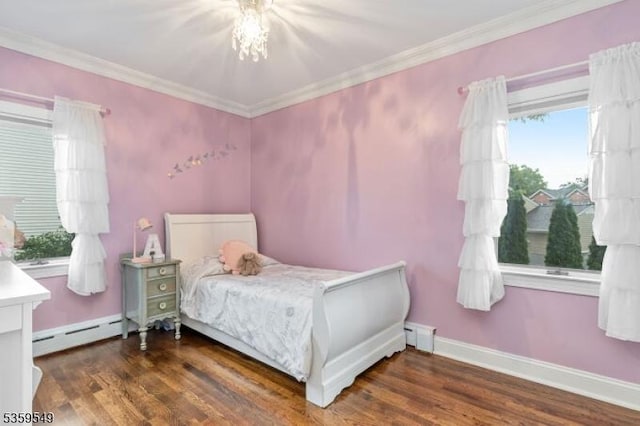 55 Nomahegan Ct, Cranford Twp, NJ 07016 - bedroom featuring baseboard heating, wood finished floors, ornamental molding, and baseboards