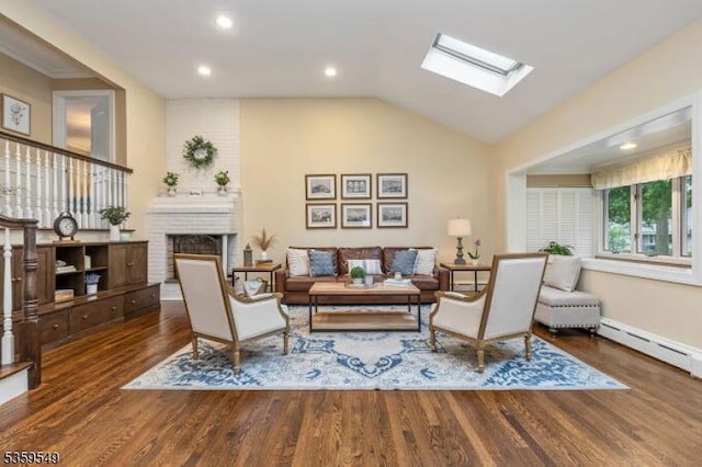 55 Nomahegan Ct, Cranford Twp, NJ 07016 - living area with a skylight, wood finished floors, a brick fireplace, lofted ceiling, and recessed lighting