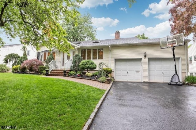 55 Nomahegan Ct, Cranford Twp, NJ 07016 - view of front facade featuring a garage, driveway, a front lawn, and a chimney