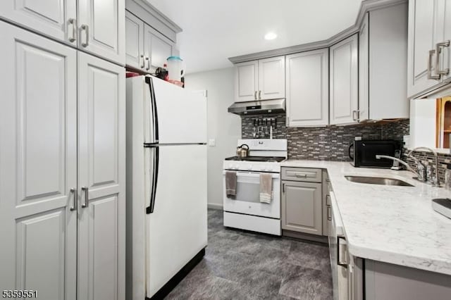 184 Locust Dr, Union Twp, NJ 07083 - kitchen with white appliances, gray cabinetry, under cabinet range hood, a sink, and tasteful backsplash