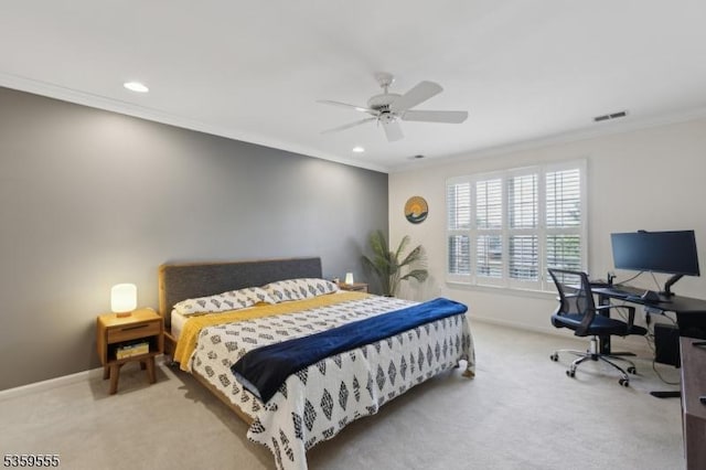 3 Merchant Ct, Bernards Twp, NJ 07920 - carpeted bedroom with ornamental molding, recessed lighting, baseboards, an office area, and a ceiling fan