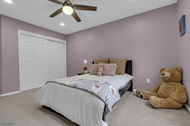 23 Bond St, Bridgewater Twp, NJ 08807 - bedroom featuring recessed lighting, a closet, light colored carpet, and a ceiling fan