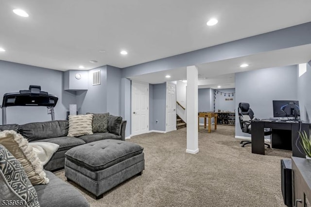 23 Bond St, Bridgewater Twp, NJ 08807 - carpeted living room featuring recessed lighting, stairway, and a desk